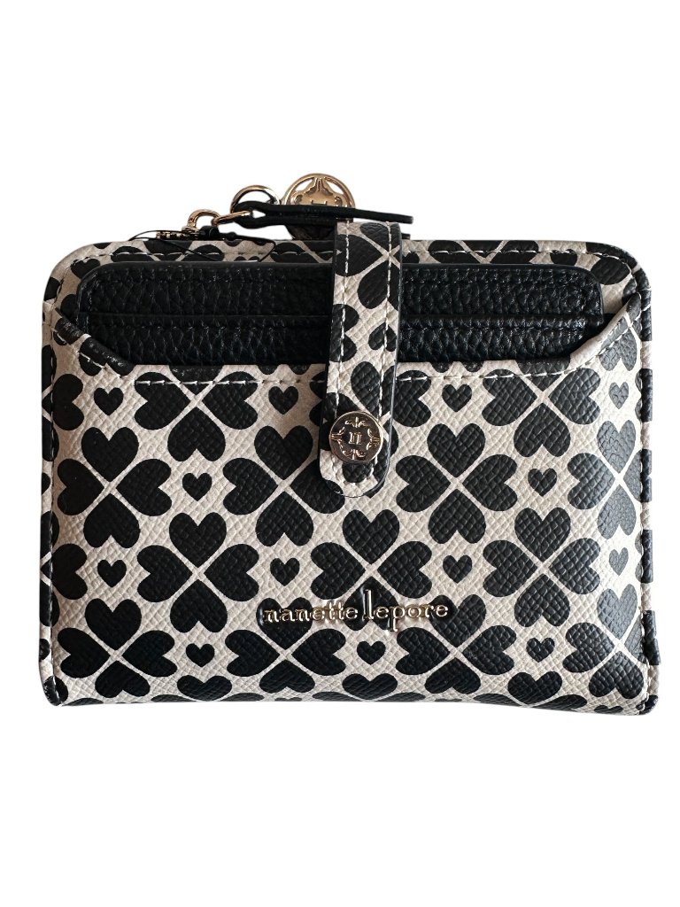 Nanette Lepore Heart Print Wallet Black White Vegan Bifold Card Holder Nwot